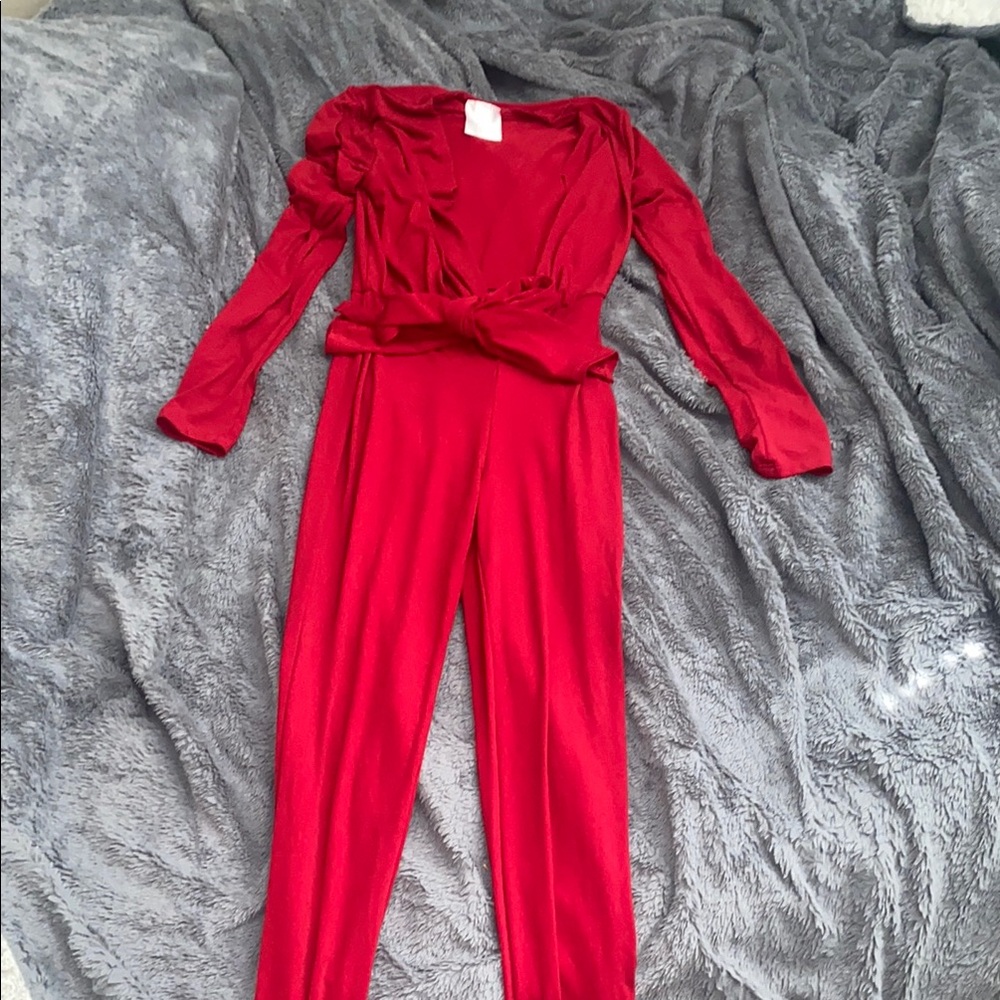 Red Wrap-Style Jumpsuit with V-Neckline